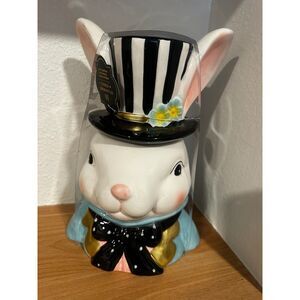 Tophat and Tail Mad Hatter Ceramic Easter Bunny Bust in Stripes Hat NWT